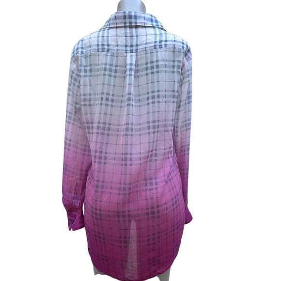 Two By Vince Camuto Shirt Blouse Womens S/M Pink Purple Plaid Ombre Button Front - Picture 13 of 13